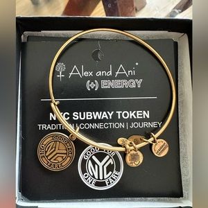 BUNDLE OF 2 Alex and Ani Gold Bangle NYC subway token charm and Globe charm